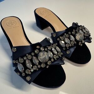 Tory Burch Bow Velvet Crystal slide heels size 5.5 navy blue